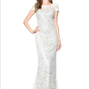 Tadashi Shoji silver lace ball gown